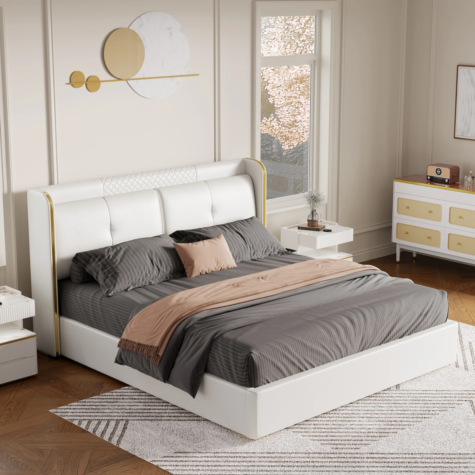 Leather Upholstered King Bed with Wingback Headboard