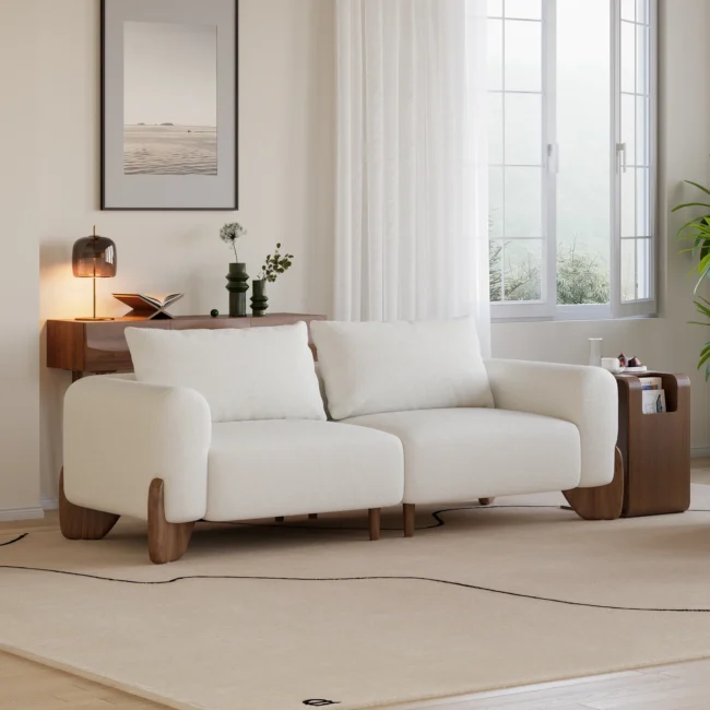Curva 78" White Boucle Upholstered Wood Legs 2-Seat Sofa - Image 2