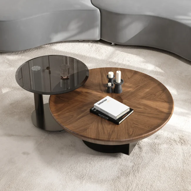 Glass Top Walnut Nesting Coffee Table Set of 2(22"-35") - Image 2