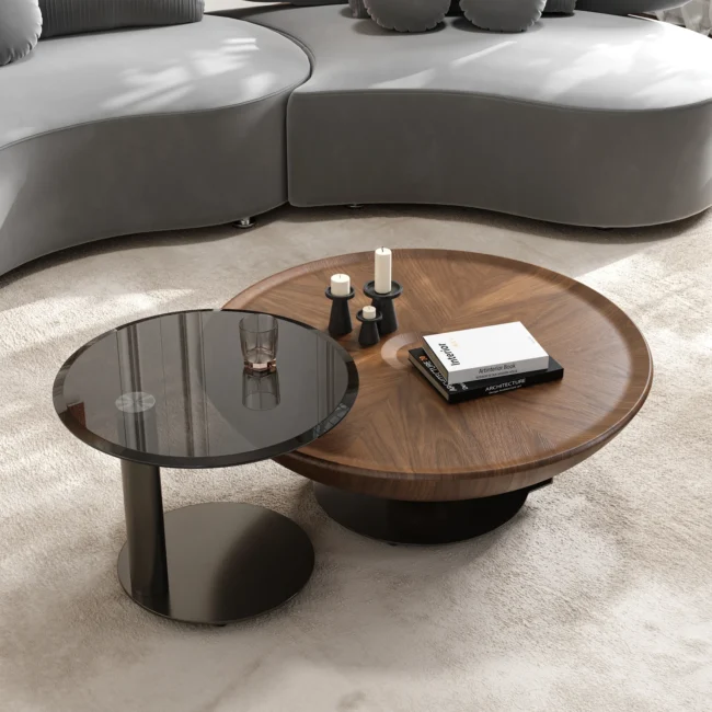 Glass Top Walnut Nesting Coffee Table Set of 2(22"-35") - Image 3