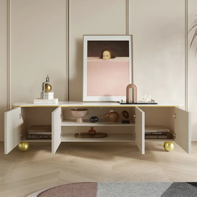 Modern Off White TV Stand Wood 4 Doors with 2 Shelves Media Console for TVs up to 85" - Image 3