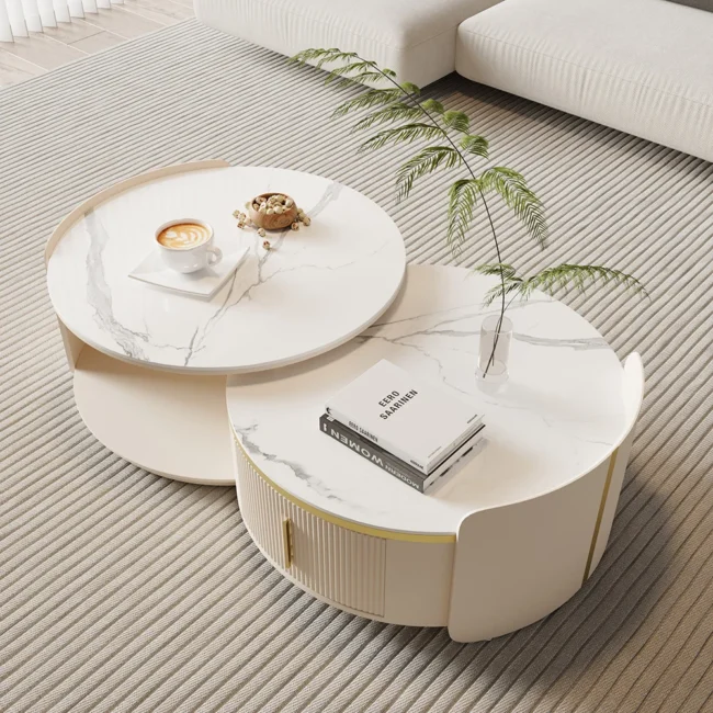 Round Modern Sintered Stone Top Nesting Coffee Table Fluted with Drawer in Off White - Image 4