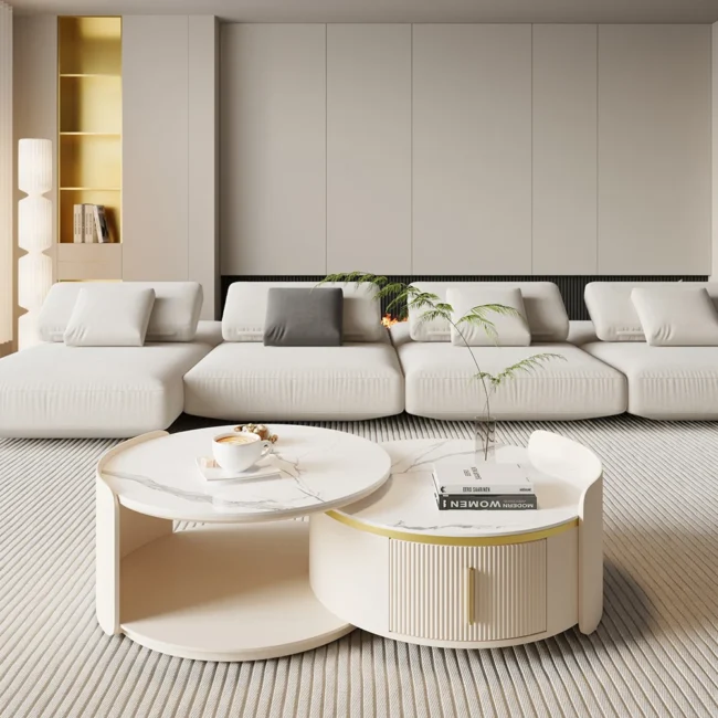 Round Modern Sintered Stone Top Nesting Coffee Table Fluted with Drawer in Off White - Image 5