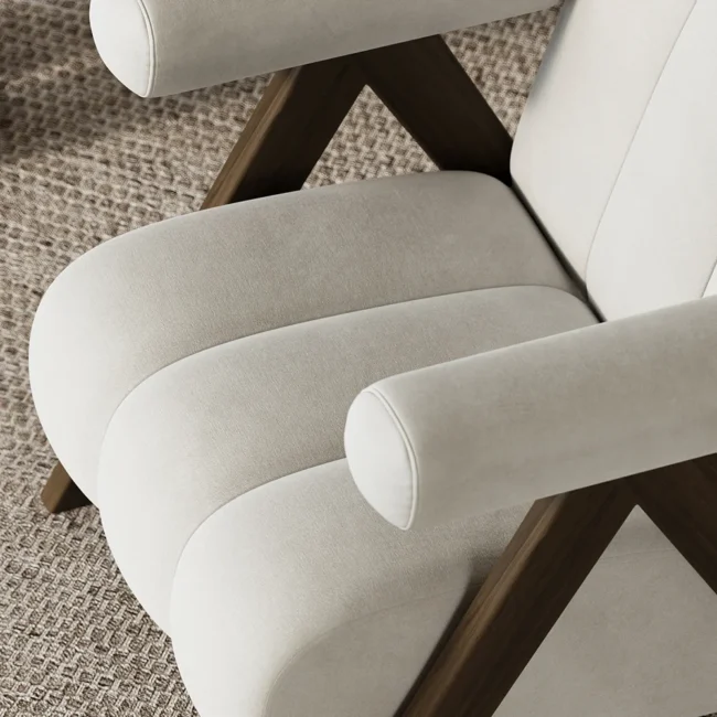 Japandi Beige Accent Chair Velvet Upholstery Armchair with Walnut Frame for Living Room - Image 7