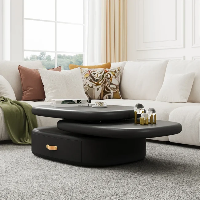 3-Tiered Modern Oval Black Pebbles Rotating Coffee Table with Storage - Image 4
