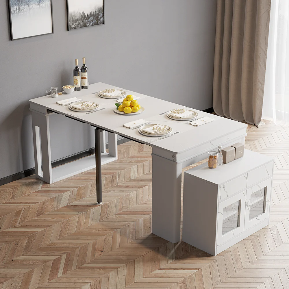 70.9″ Rectangle Folding Wood Dining Table with Sideboard White Seats 2-4 People