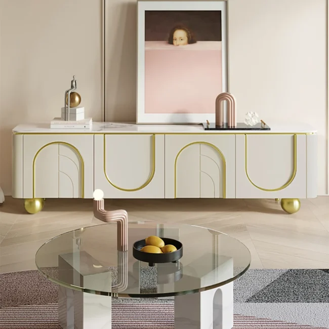 Modern Off White TV Stand Wood 4 Doors with 2 Shelves Media Console for TVs up to 85" - Image 5