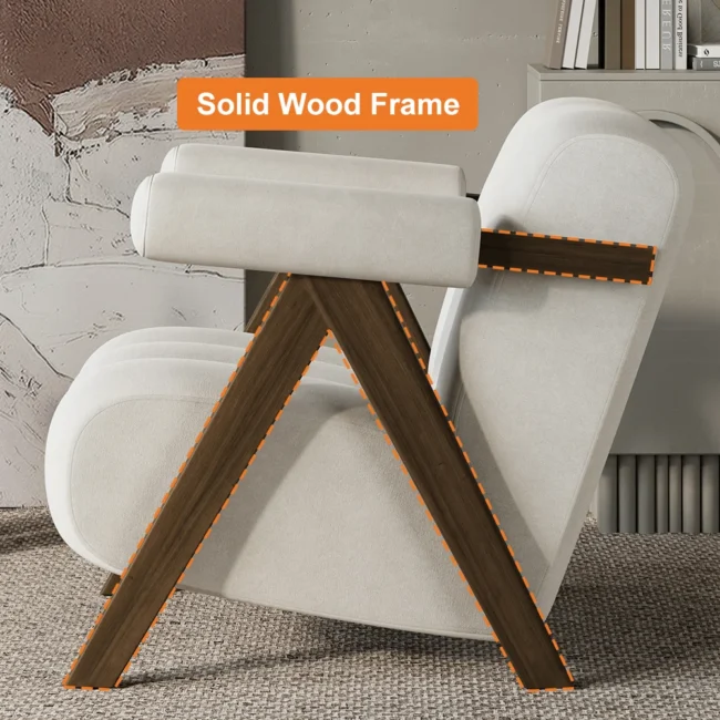 Japandi Beige Accent Chair Velvet Upholstery Armchair with Walnut Frame for Living Room - Image 9