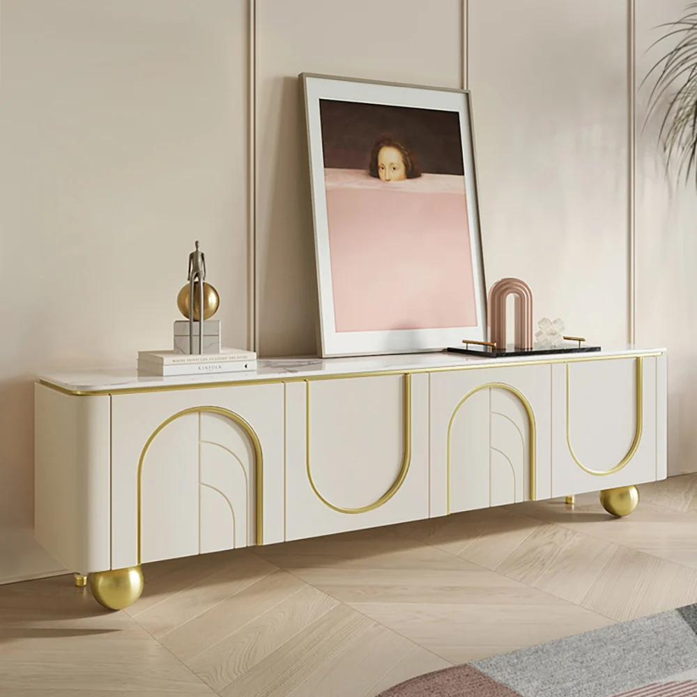 Modern Off White TV Stand Wood 4 Doors with 2 Shelves Media Console for TVs up to 85″