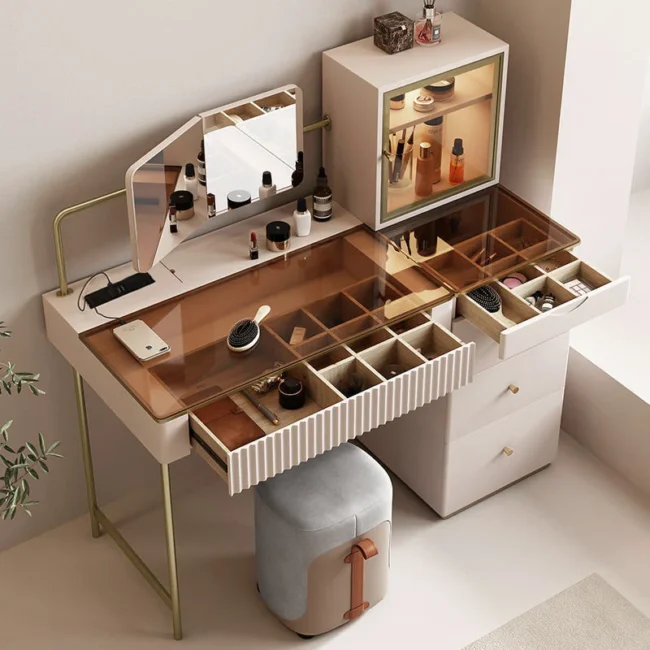 Chanor Makeup Vanity Set Mirrored Dressing Table with Jewelry Storage & Cabinet & Stool - Image 2