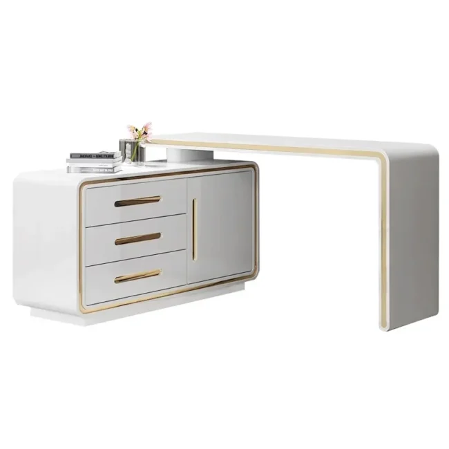 47" L-Shaped Desk Corner Rotating White Office Desk with 3 Drawers & Doors - Image 4