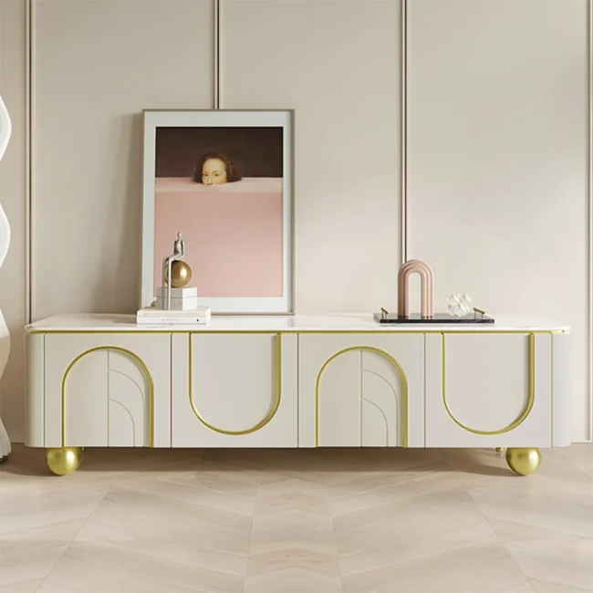 Modern Off White TV Stand Wood 4 Doors with 2 Shelves Media Console for TVs up to 85" - Image 2