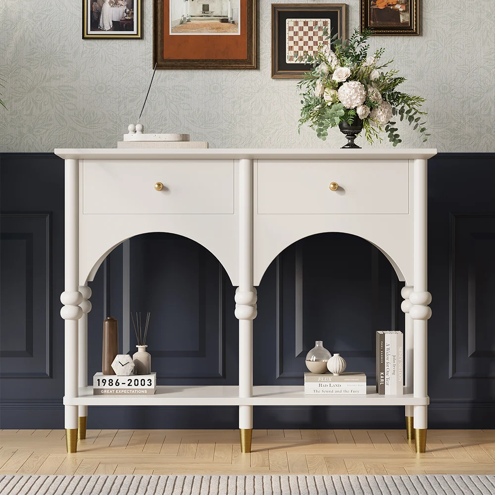 39.4″ Modern Farmhouse Console Table Wooden White Entryway Table with 2 Drawers & Shlef