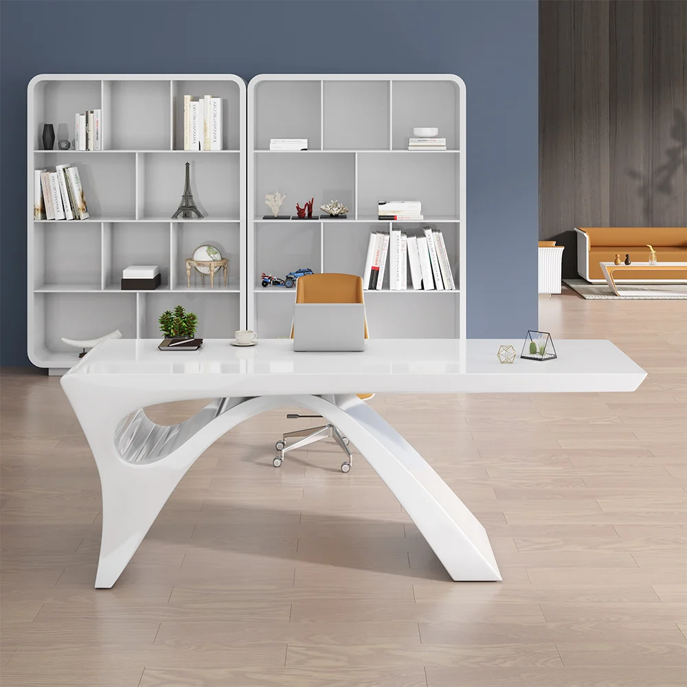 Modern White Computer Desk Rectangular Office Desk with Pedestal Base (55″)