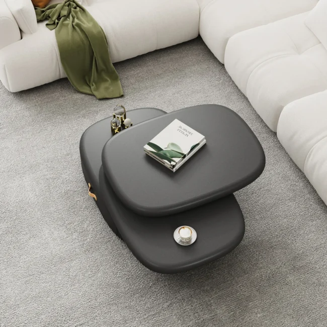 3-Tiered Modern Oval Black Pebbles Rotating Coffee Table with Storage - Image 3