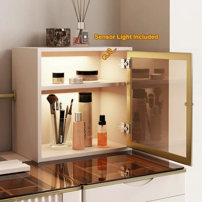 Chanor Makeup Vanity Set Mirrored Dressing Table with Jewelry Storage & Cabinet & Stool - Image 6