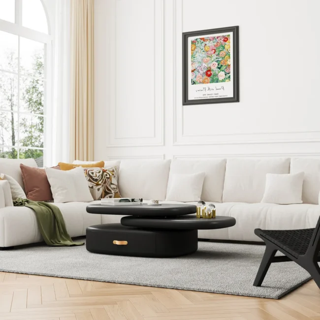 3-Tiered Modern Oval Black Pebbles Rotating Coffee Table with Storage - Image 7