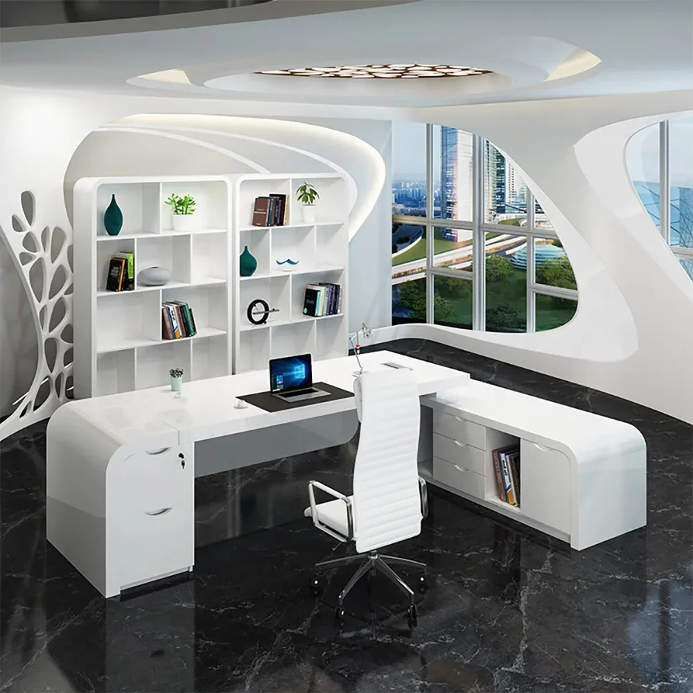 Chicent White L-shaped Modern Executive Desk with Ample Storage Right Hand (63”)