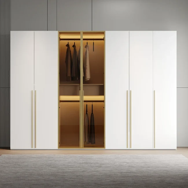 White & Gold Modern Extra Wide Wardrobe with Clear Glass Door Storage with Sensor Light - Image 2