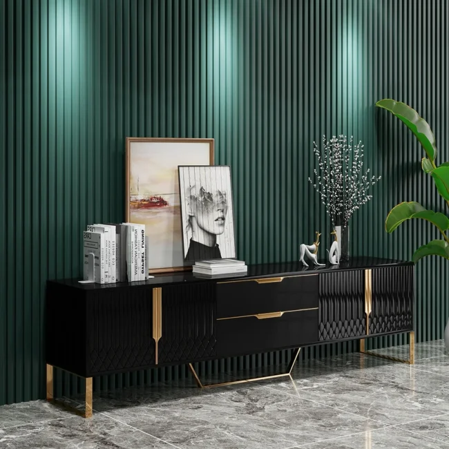 Aro Modern Black Wood TV Stand with 2 Drawers & 4 Doors Media Console for TVs Up to 80" - Image 2