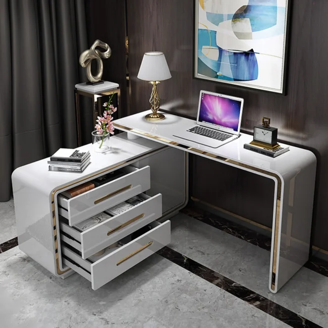 47" L-Shaped Desk Corner Rotating White Office Desk with 3 Drawers & Doors - Image 2