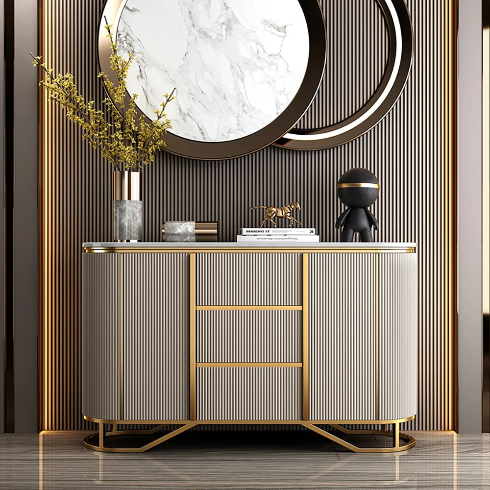 White Buffet Faux Marble Top Modern Sideboard with Stainless Steel Base