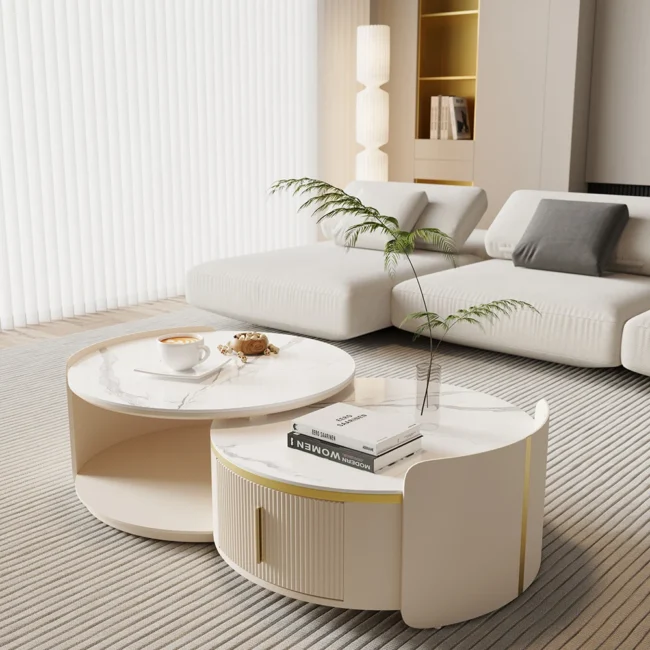 Round Modern Sintered Stone Top Nesting Coffee Table Fluted with Drawer in Off White - Image 2