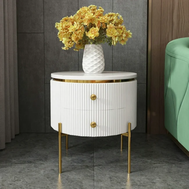 Yelly 21" Round Faux Marble Gold Side Table with Storage - Image 3
