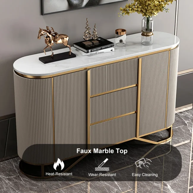 White Buffet Faux Marble Top Modern Sideboard with Stainless Steel Base - Image 6