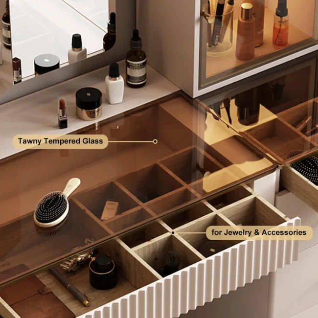Chanor Makeup Vanity Set Mirrored Dressing Table with Jewelry Storage & Cabinet & Stool - Image 7