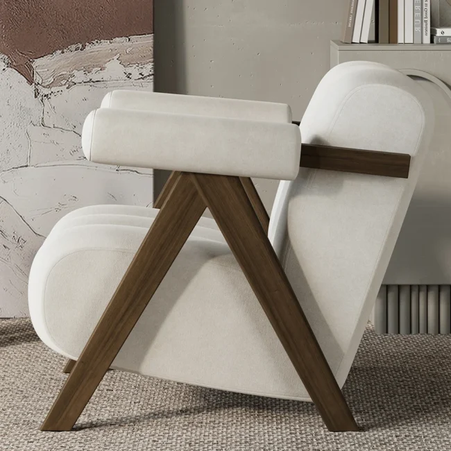 Japandi Beige Accent Chair Velvet Upholstery Armchair with Walnut Frame for Living Room - Image 5