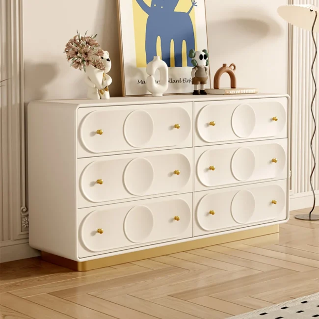 59.1"W Art Deco White & Gold 6 Drawer Dresser Chest with Storage Cabinet