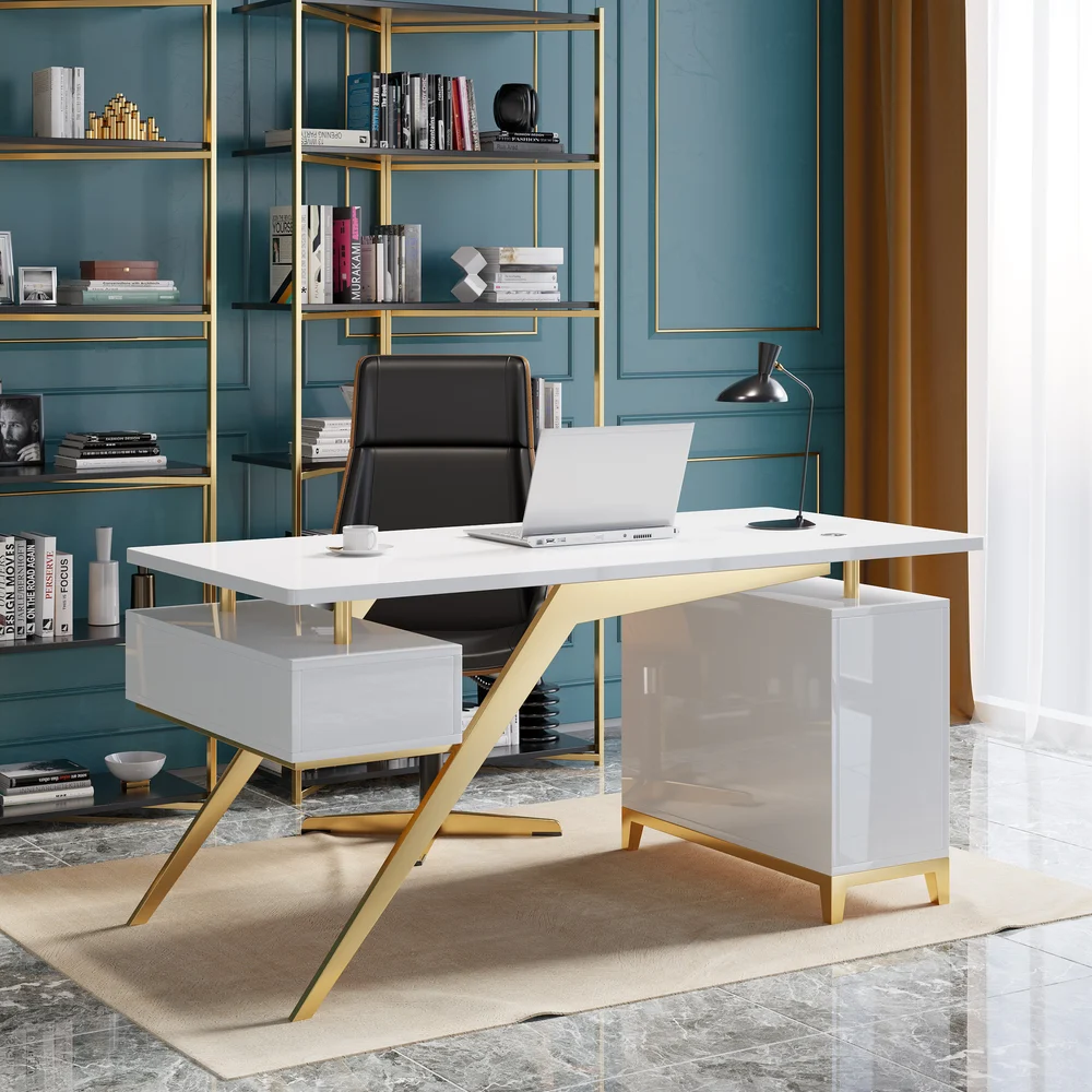 Executive Office Desk with Drawers & Storage White Home & Office Furniture (55”)