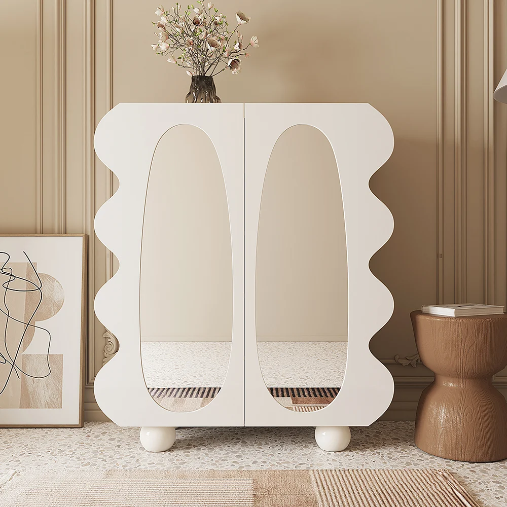 37.8″ Modern White 15-Pairs Shoe Storage Wave Design Mirror Shoe Cabinet Ample Storage