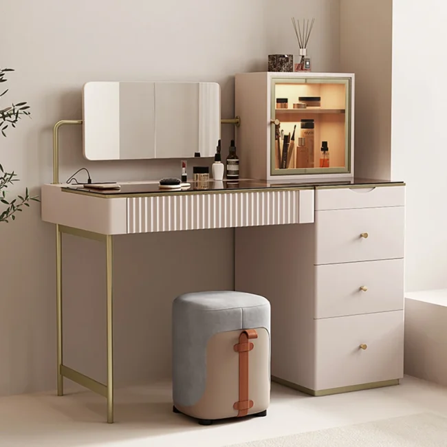 Chanor Makeup Vanity Set Mirrored Dressing Table with Jewelry Storage & Cabinet & Stool - Image 3