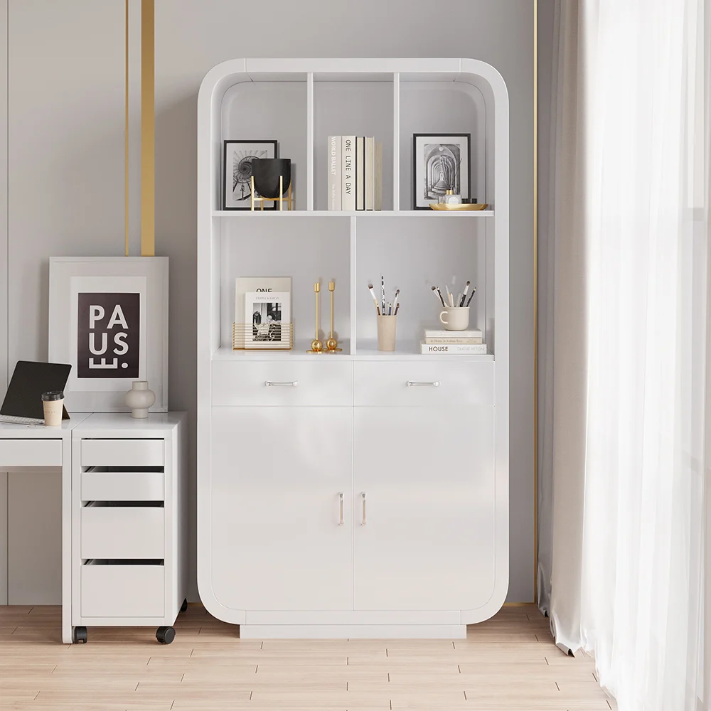 79.1″ White Bookcase with Doors Modern Etagere Bookcase with Drawers