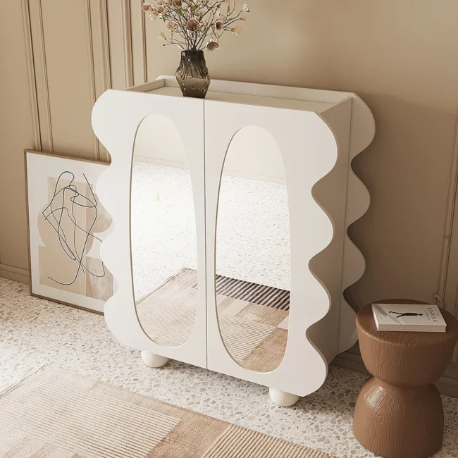 37.8" Modern White 15-Pairs Shoe Storage Wave Design Mirror Shoe Cabinet Ample Storage - Image 5
