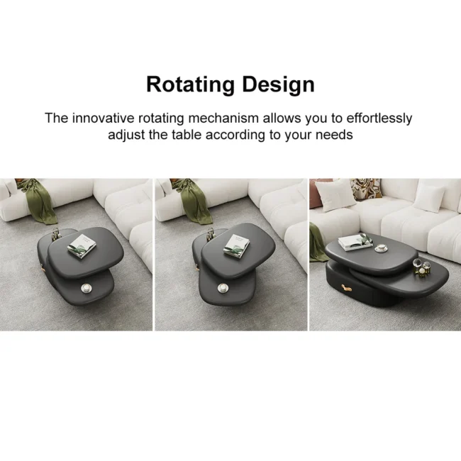 3-Tiered Modern Oval Black Pebbles Rotating Coffee Table with Storage - Image 9