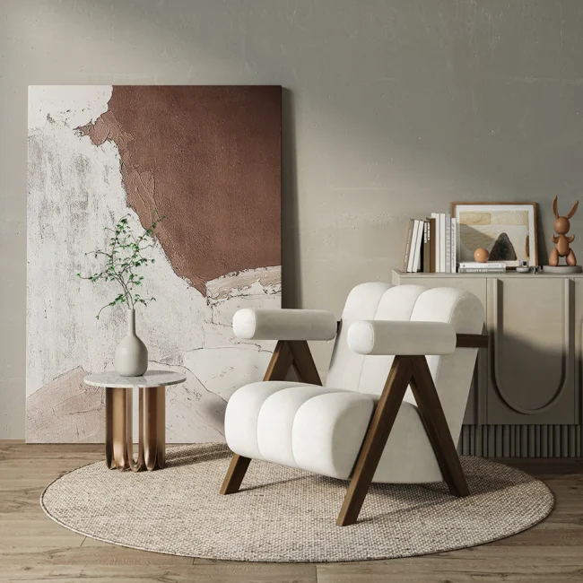 Japandi Beige Accent Chair Velvet Upholstery Armchair with Walnut Frame for Living Room - Image 2
