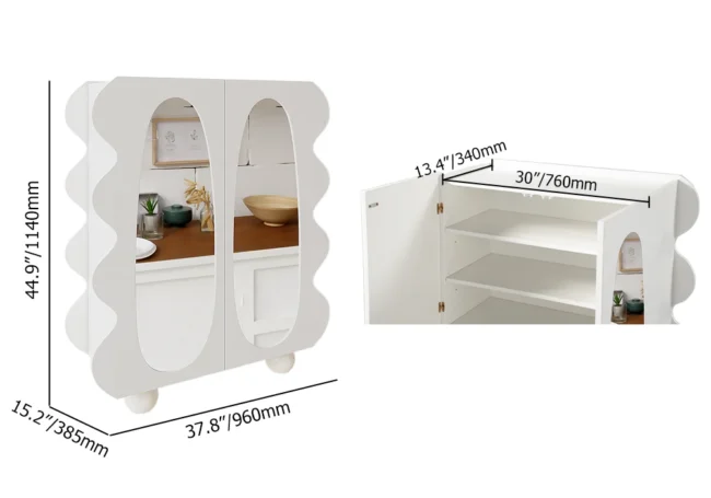 37.8" Modern White 15-Pairs Shoe Storage Wave Design Mirror Shoe Cabinet Ample Storage - Image 6
