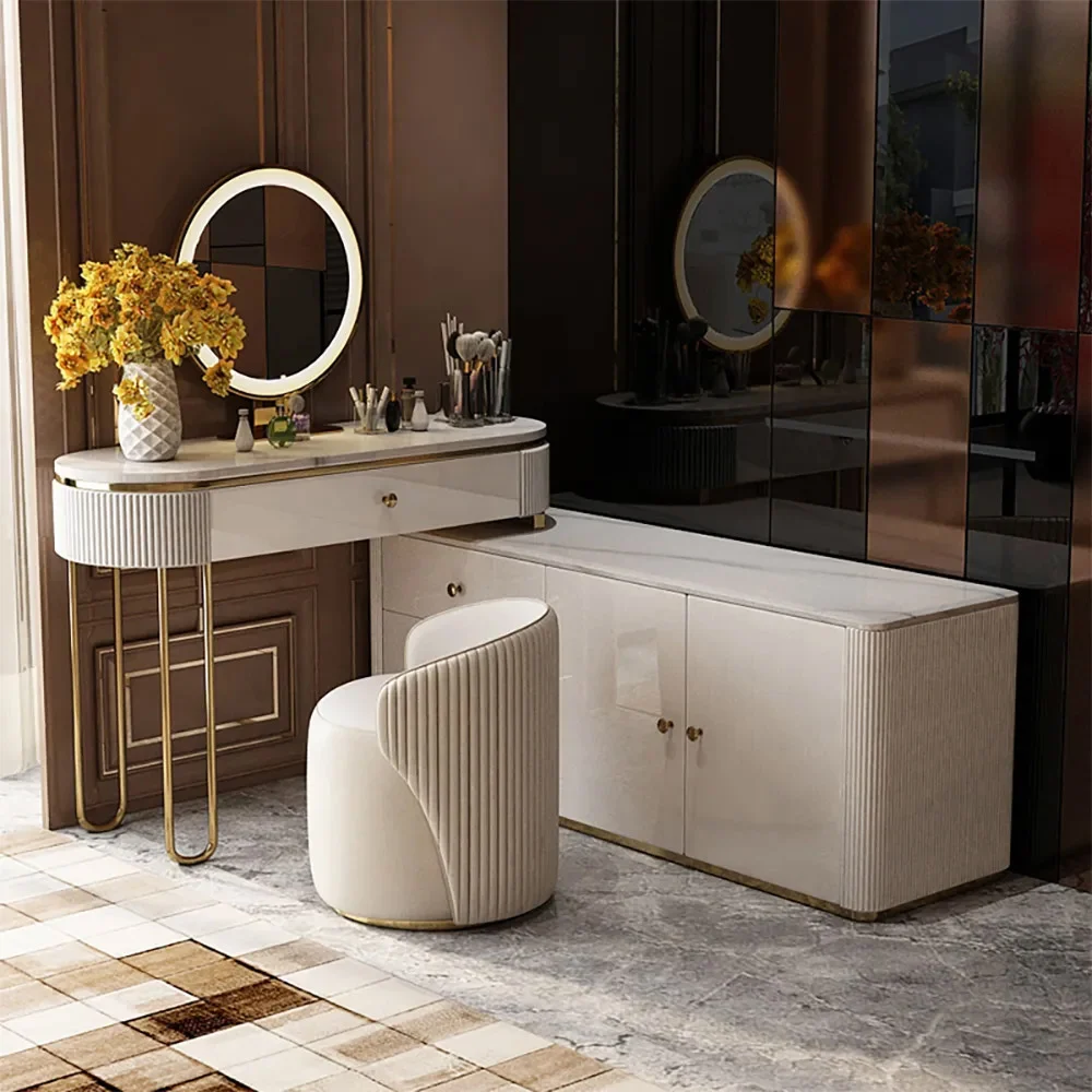 Oboval Modern Marble Top Makeup Vanity Dressing Table with Corner Cabinet