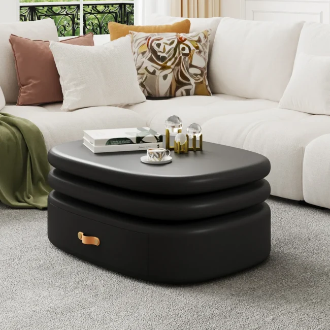 3-Tiered Modern Oval Black Pebbles Rotating Coffee Table with Storage - Image 5
